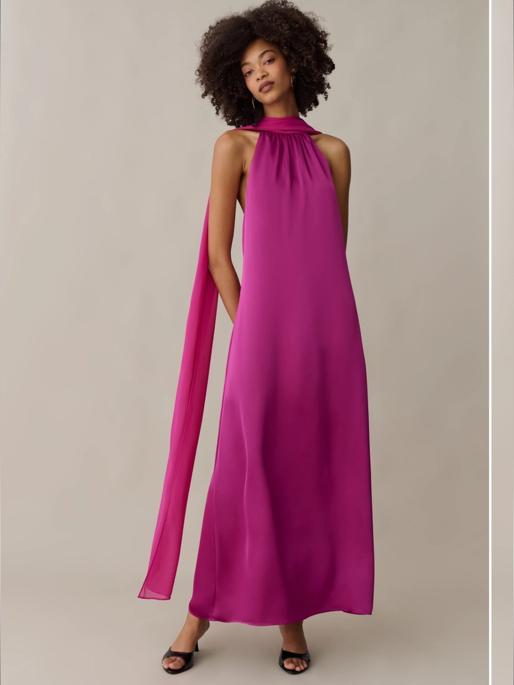 Few Moda Elegant Fuchsia Halter Maxi Dress with Neck Tie